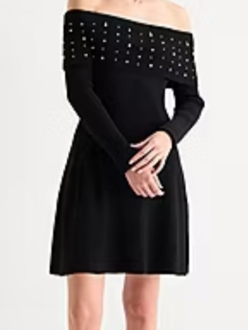 NwT Off-Shoulder Black Studded Embellished Knit Sweater Dress